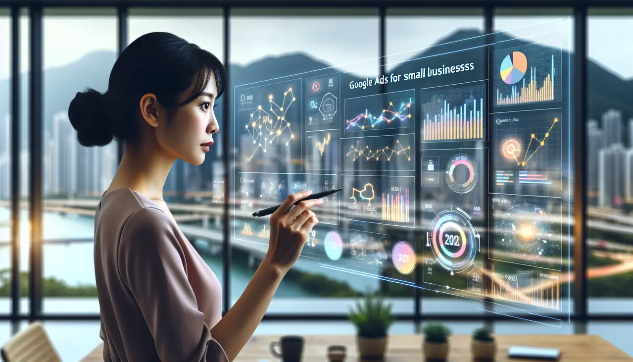 Uma profissional de marketing analisando um painel digital com gráficos de desempenho para otimizar campanhas de Google Ads para pequenos negócios.
