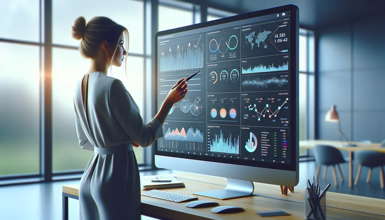 Uma profissional de marketing analisando um painel digital com gráficos de desempenho para otimizar campanhas de Google Ads para pequenos negócios.