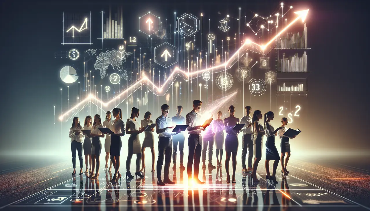 Profissionais de marketing colaboram em frente a um painel digital com gráficos ascendentes, representando a aplicação bem-sucedida de Estratégias de Growth Marketing para Pequenas Empresas.