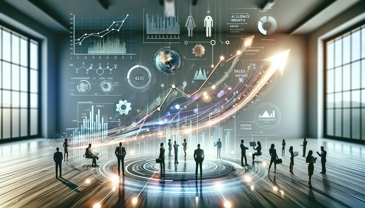 Profissionais de marketing colaboram em frente a um painel digital com gráficos ascendentes, representando a aplicação bem-sucedida de Estratégias de Growth Marketing para Pequenas Empresas.