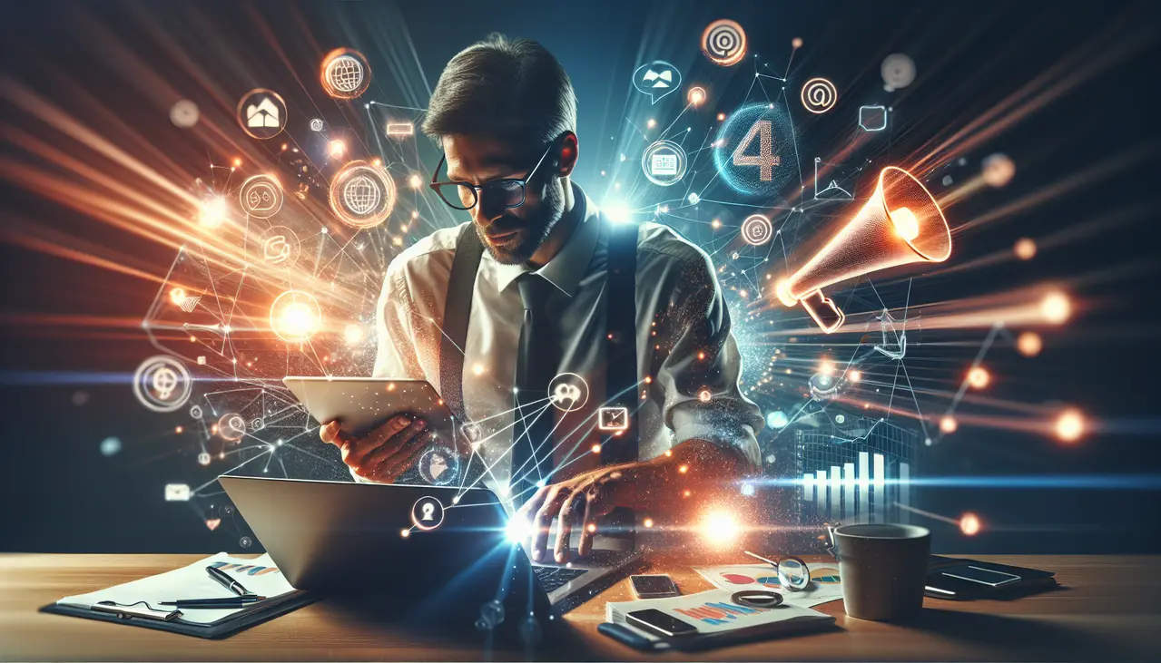 Uma ilustração vibrante mostra um empreendedor aplicando estratégias digitais de forma criativa, simbolizando como criar conteúdo viral para marketing digital de pequenas empresas e alcançar um público amplo.