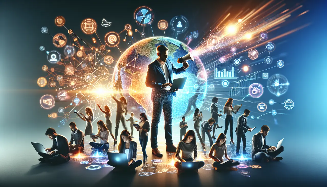 Uma ilustração vibrante mostra um empreendedor aplicando estratégias digitais de forma criativa, simbolizando como criar conteúdo viral para marketing digital de pequenas empresas e alcançar um público amplo.