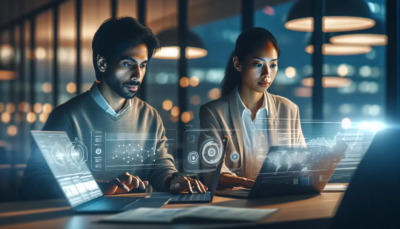 Um ambiente de escritório moderno onde duas pessoas utilizam laptops para colaborar em projetos de **inteligência artificial para criação de conteúdo pequenas empresas**, simbolizando eficiência e inovação.