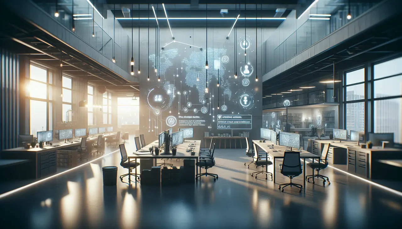 Um ambiente de escritório moderno onde duas pessoas utilizam laptops para colaborar em projetos de **inteligência artificial para criação de conteúdo pequenas empresas**, simbolizando eficiência e inovação.