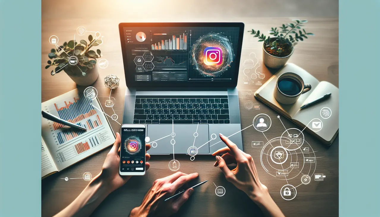 Uma imagem aérea de duas pessoas colaborando em um laptop e smartphone, simbolizando a estratégia de como fazer Instagram Ads para pequenas empresas para impulsionar o marketing digital.