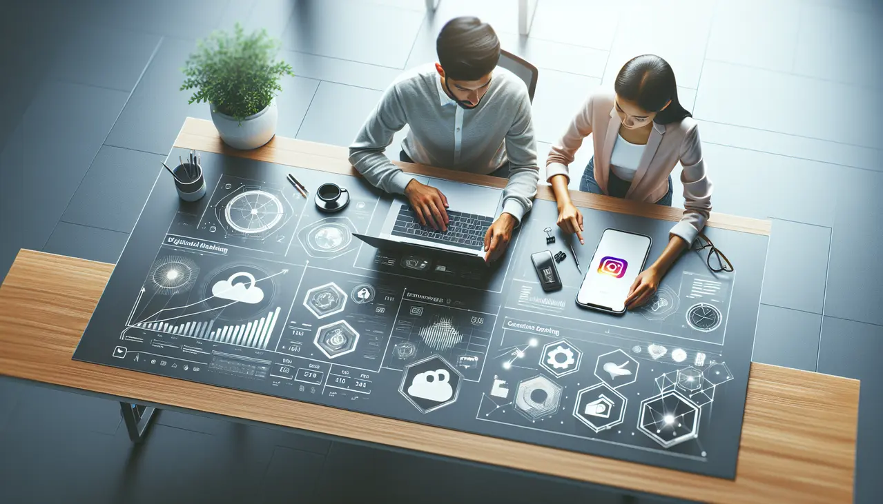 Uma imagem aérea de duas pessoas colaborando em um laptop e smartphone, simbolizando a estratégia de como fazer Instagram Ads para pequenas empresas para impulsionar o marketing digital.