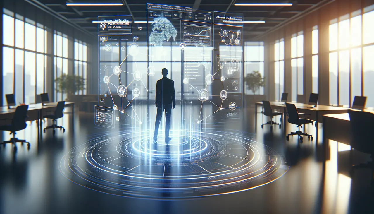 Uma equipe de profissionais colabora em um escritório moderno, analisando dados de estratégias de **link building avançado para pequenas empresas** em uma tela holográfica, simbolizando a conquista de autoridade digital.