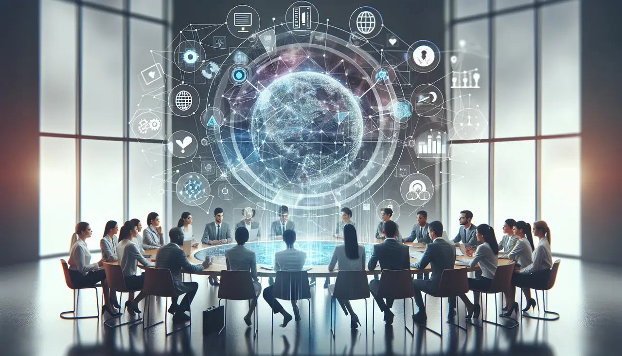 Uma equipe de profissionais colabora em um escritório moderno, analisando dados de estratégias de **link building avançado para pequenas empresas** em uma tela holográfica, simbolizando a conquista de autoridade digital.