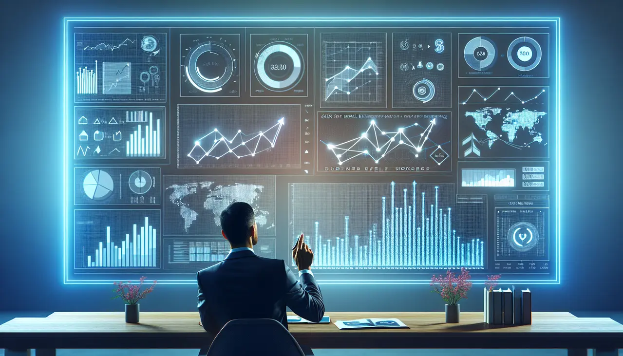 Um empreendedor de pequena empresa otimiza suas estratégias com marketing data-driven, analisando gráficos e métricas em um painel digital para tomar decisões mais assertivas.