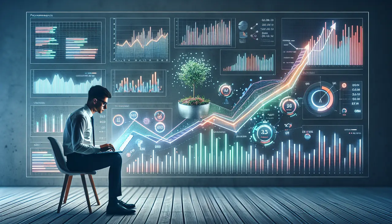 Um empreendedor de pequena empresa otimiza suas estratégias com marketing data-driven, analisando gráficos e métricas em um painel digital para tomar decisões mais assertivas.