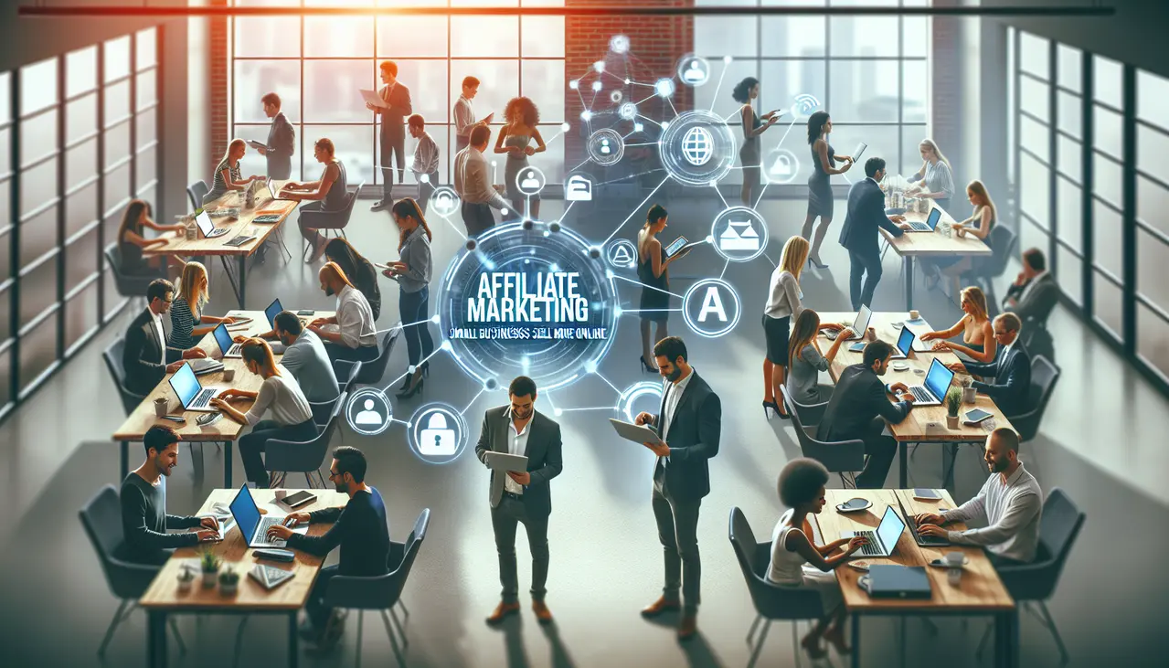 Um grupo diverso de empreendedores de pequenas empresas colaborando em um escritório moderno, usando tecnologia para expandir suas vendas online através do marketing de afiliados.