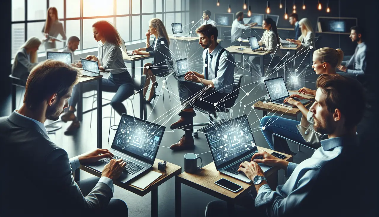 Um grupo diverso de empreendedores de pequenas empresas colaborando em um escritório moderno, usando tecnologia para expandir suas vendas online através do marketing de afiliados.