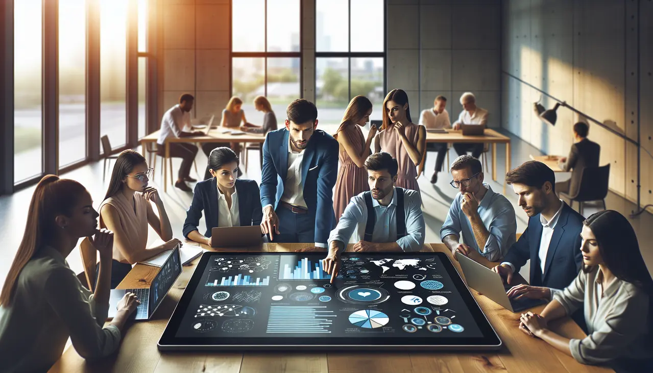 Profissionais de pequenos negócios colaborando em um escritório moderno, discutindo estratégias de marketing de conteúdo para gerar leads em um tablet digital.