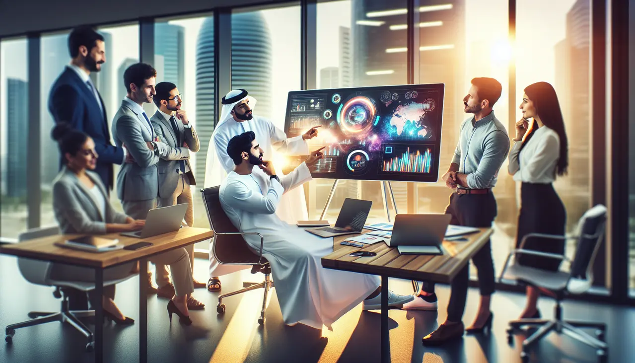 Profissionais de pequenos negócios colaborando em um escritório moderno, discutindo estratégias de marketing de conteúdo para gerar leads em um tablet digital.