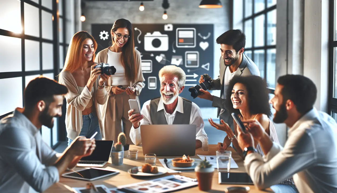 Uma imagem vibrante mostra diferentes pessoas colaborando e compartilhando conteúdo digitalmente, simbolizando o impacto do marketing de conteúdo gerado pelo usuário para pequenas empresas.
