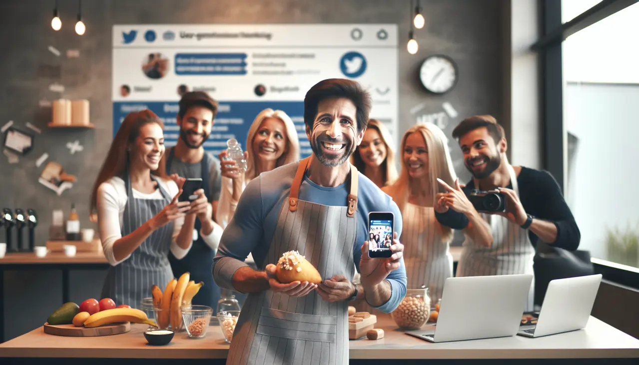 Uma imagem vibrante mostra diferentes pessoas colaborando e compartilhando conteúdo digitalmente, simbolizando o impacto do marketing de conteúdo gerado pelo usuário para pequenas empresas.