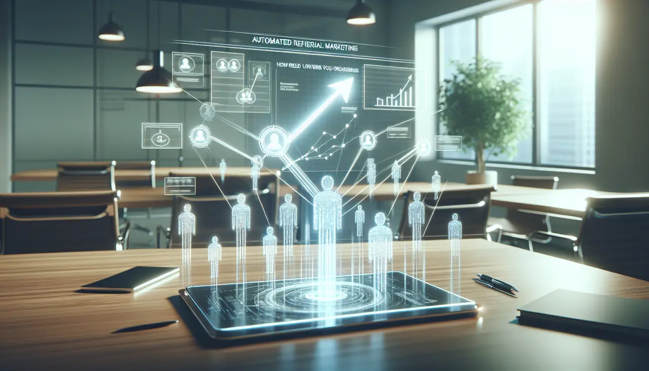 Uma empresária observa um painel holográfico exibindo um gráfico de crescimento e conexões de clientes, ilustrando o impacto do marketing de indicação para pequenas empresas automatizado na expansão de vendas.