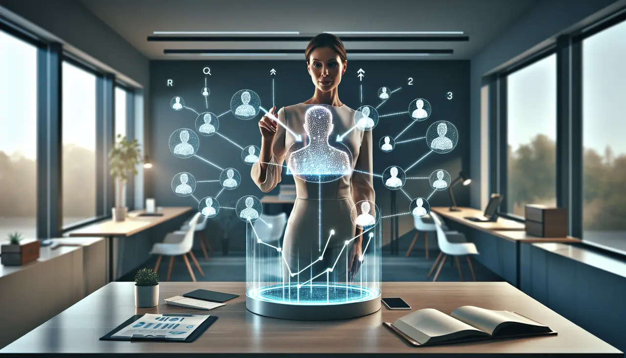 Uma empresária observa um painel holográfico exibindo um gráfico de crescimento e conexões de clientes, ilustrando o impacto do marketing de indicação para pequenas empresas automatizado na expansão de vendas.