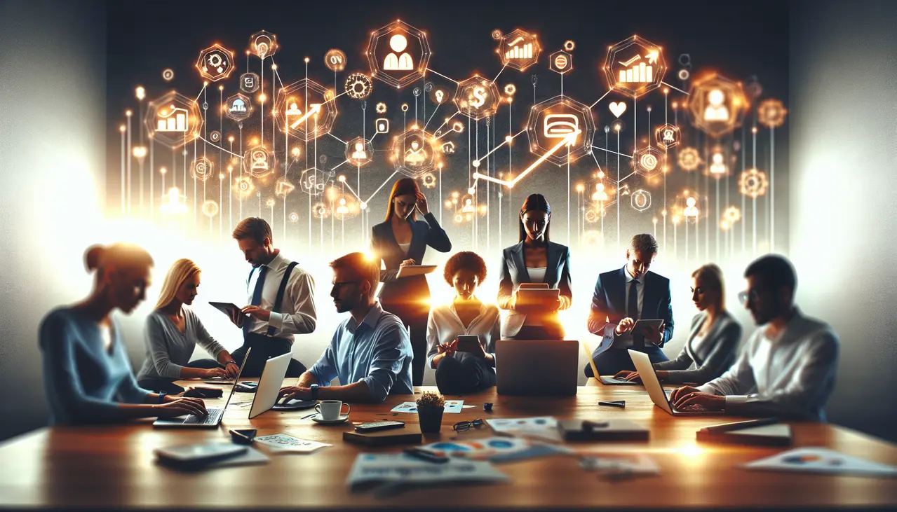 Imagem conceitual de pequenos empresários colaborando com ferramentas digitais, representando o sucesso do Marketing de Influência para Pequenas Empresas e o crescimento das vendas.