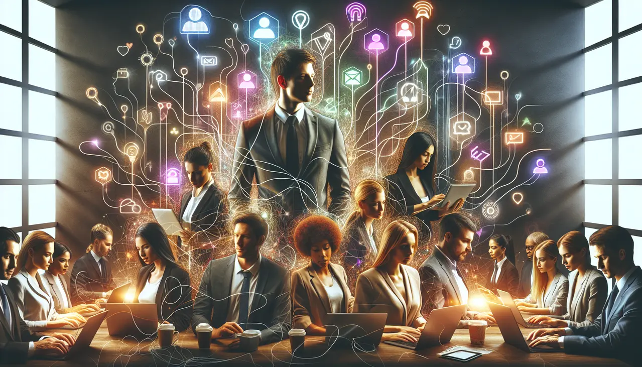 Imagem conceitual de pequenos empresários colaborando com ferramentas digitais, representando o sucesso do Marketing de Influência para Pequenas Empresas e o crescimento das vendas.