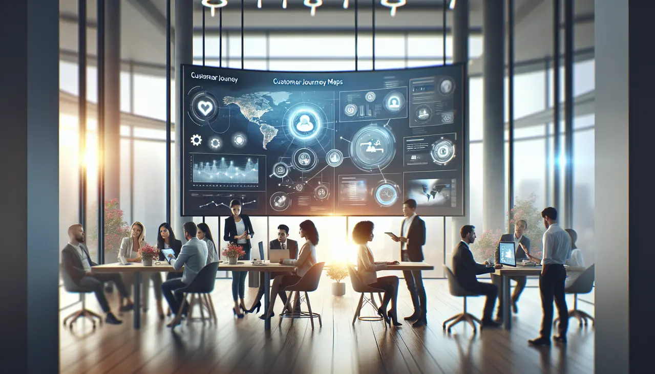 Profissionais em um escritório moderno colaboram em dados digitais e interagem com clientes, simbolizando as estratégias para otimizar a experiência do cliente pequenas empresas através da tecnologia.