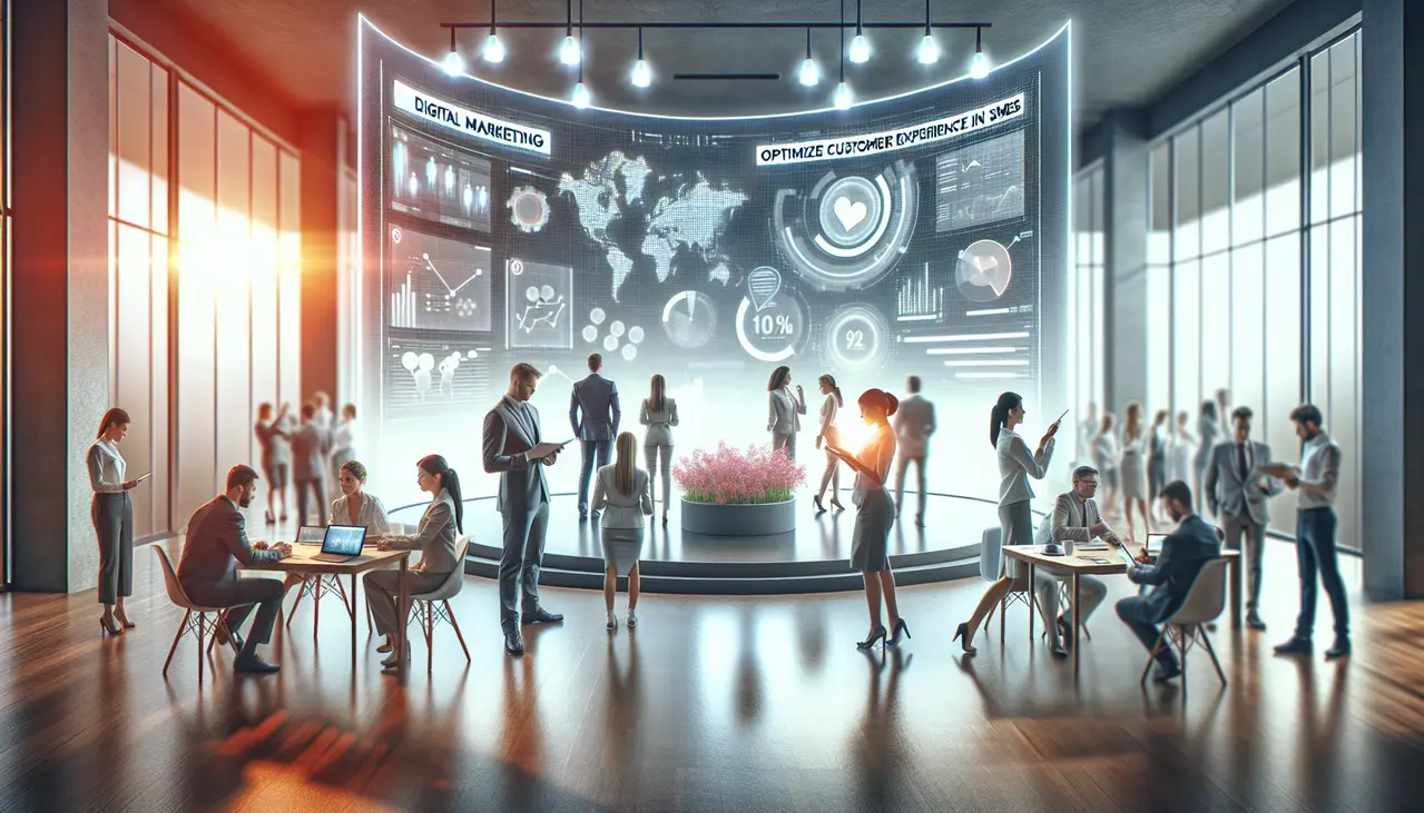 Profissionais em um escritório moderno colaboram em dados digitais e interagem com clientes, simbolizando as estratégias para otimizar a experiência do cliente pequenas empresas através da tecnologia.