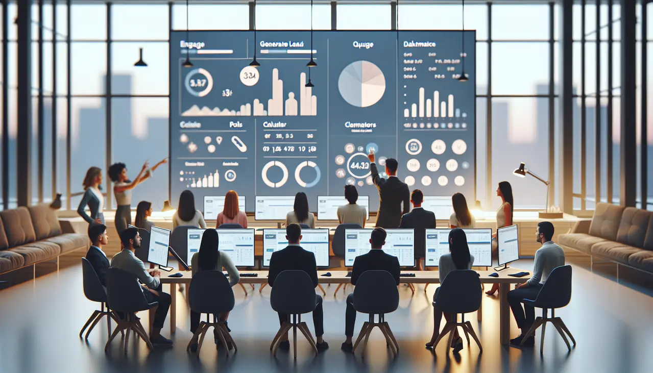 Uma equipe de pequenas empresas colabora em frente a telas digitais que exibem exemplos de marketing de conteúdo interativo para pequenos negócios, simbolizando engajamento e estratégia digital.