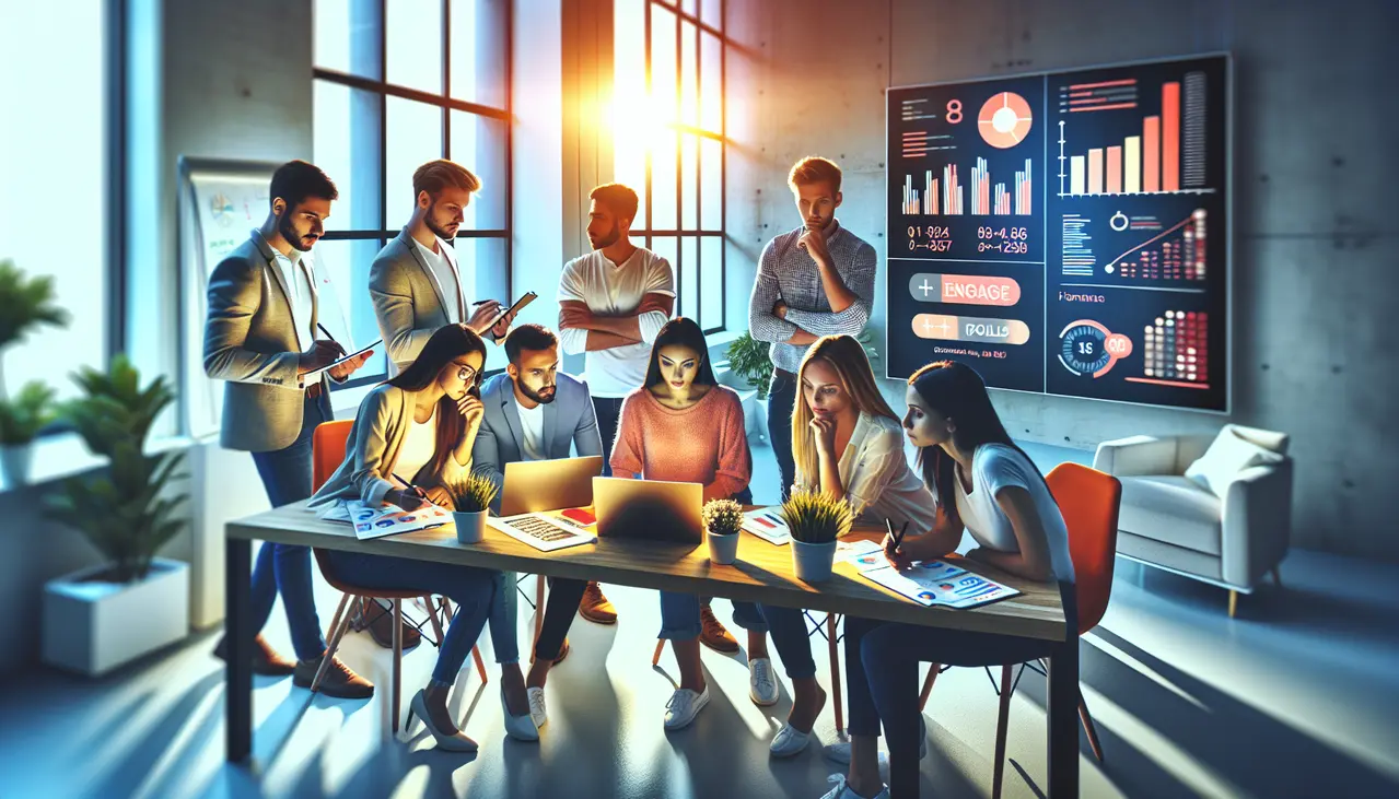 Uma equipe de pequenas empresas colabora em frente a telas digitais que exibem exemplos de marketing de conteúdo interativo para pequenos negócios, simbolizando engajamento e estratégia digital.