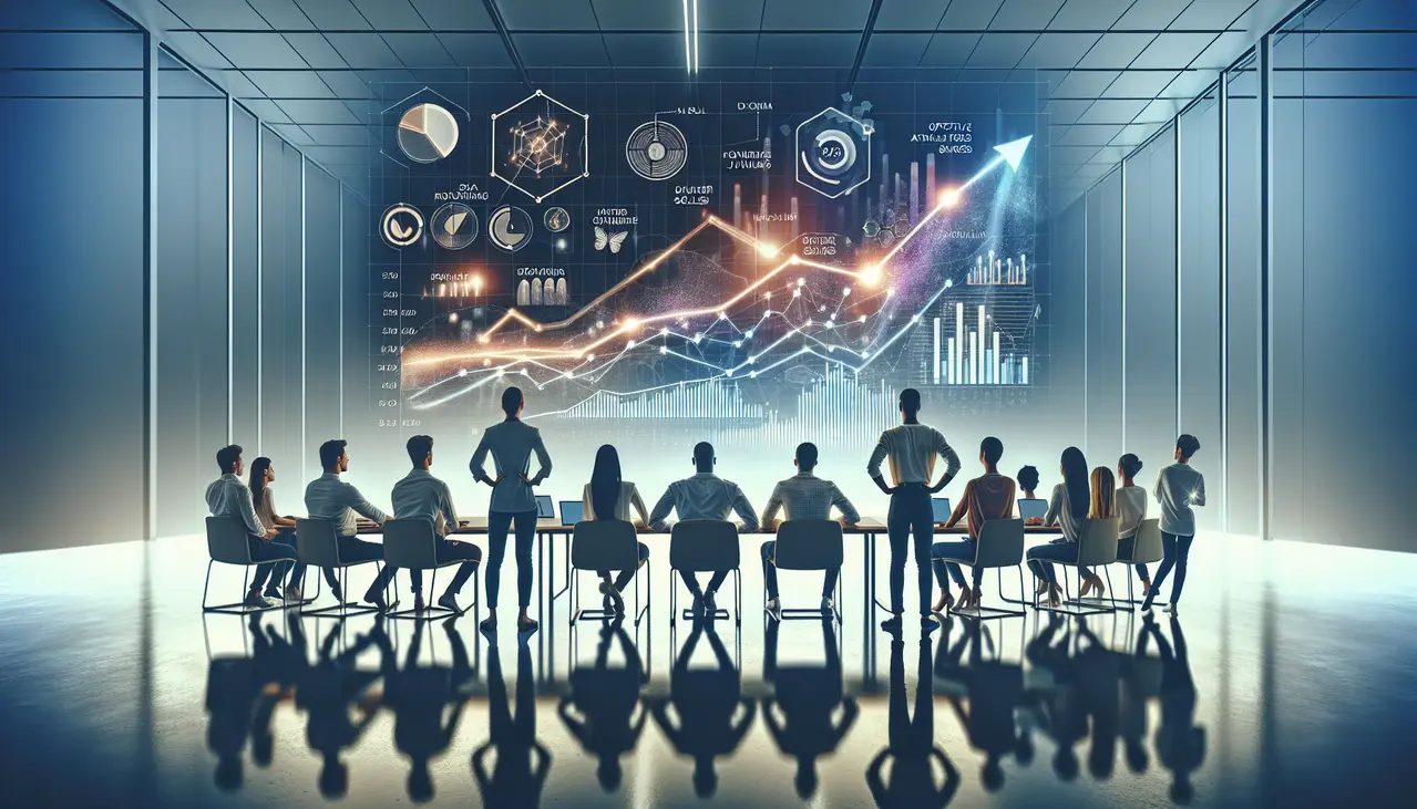 Uma imagem conceitual de profissionais de pequenas empresas analisando dados preditivos e gráficos de crescimento em uma tela holográfica, simbolizando o impacto do marketing preditivo para pequenas empresas.