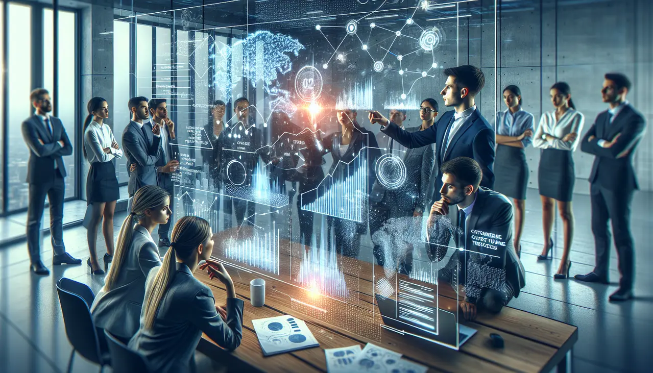 Uma imagem conceitual de profissionais de pequenas empresas analisando dados preditivos e gráficos de crescimento em uma tela holográfica, simbolizando o impacto do marketing preditivo para pequenas empresas.