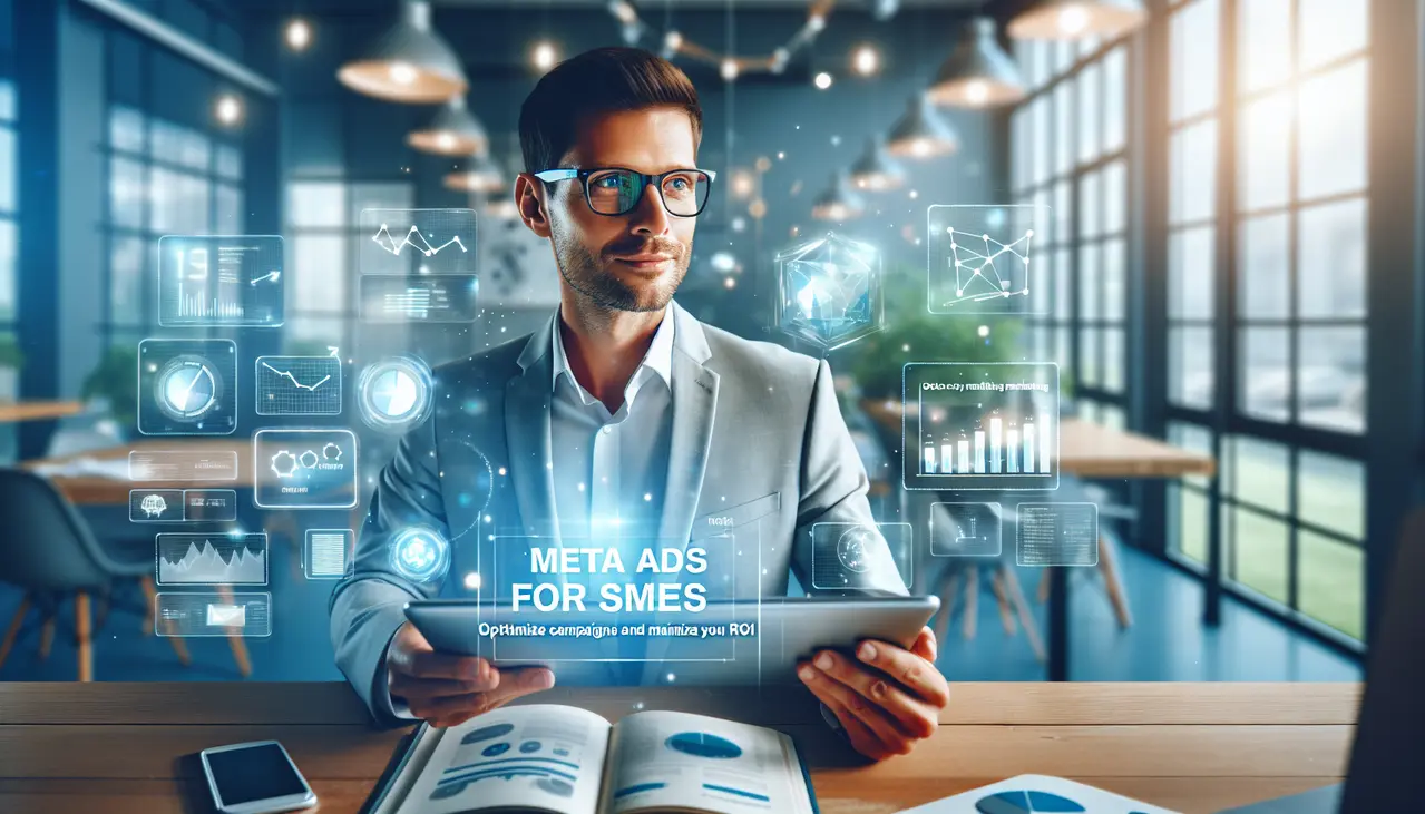 Um empresário sorridente analisa gráficos digitais de marketing em um tablet, ilustrando a otimização de campanhas Meta Ads para pequenas empresas e o sucesso estratégico.