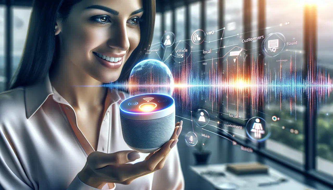 Uma pessoa interage com um assistente de voz em um ambiente de escritório moderno, simbolizando a otimização SEO para busca por voz em pequenas empresas e a conexão com clientes locais.