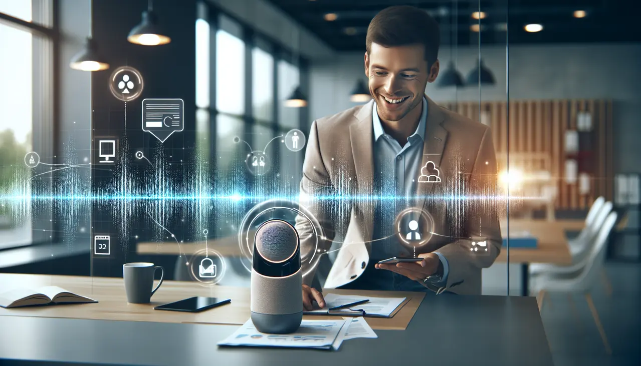 Uma pessoa interage com um assistente de voz em um ambiente de escritório moderno, simbolizando a otimização SEO para busca por voz em pequenas empresas e a conexão com clientes locais.