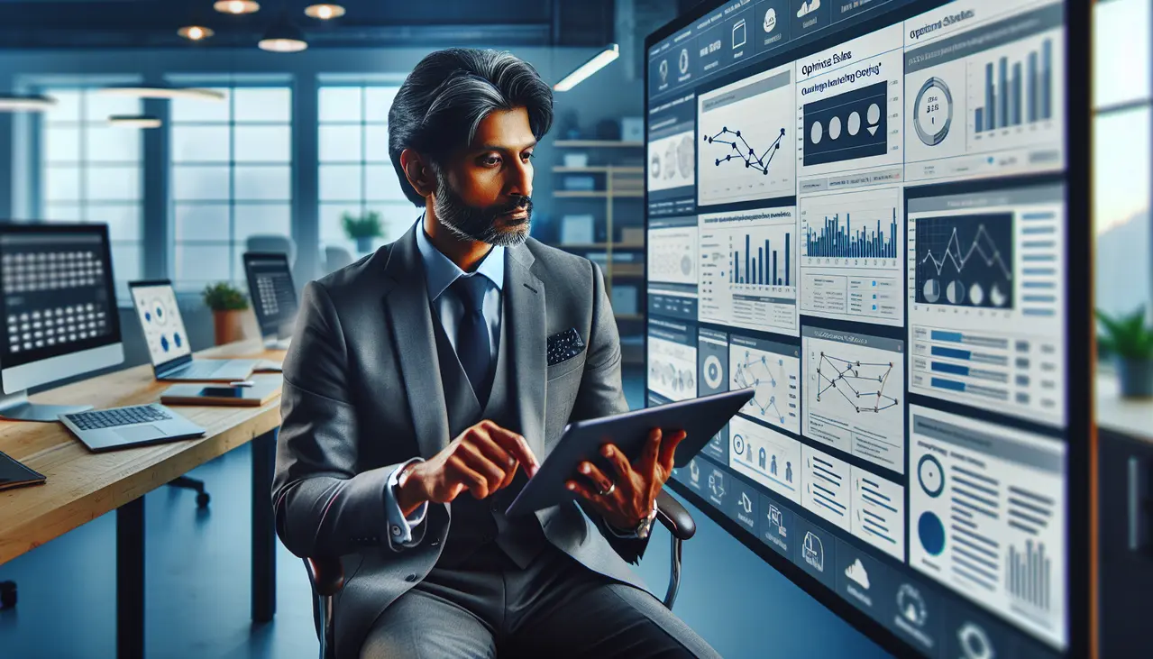 Uma proprietária de pequena empresa, sorrindo e focada, analisa gráficos e dados de clientes em um tablet, representando a aplicação eficiente de lead scoring em pequenas empresas para otimização de vendas.