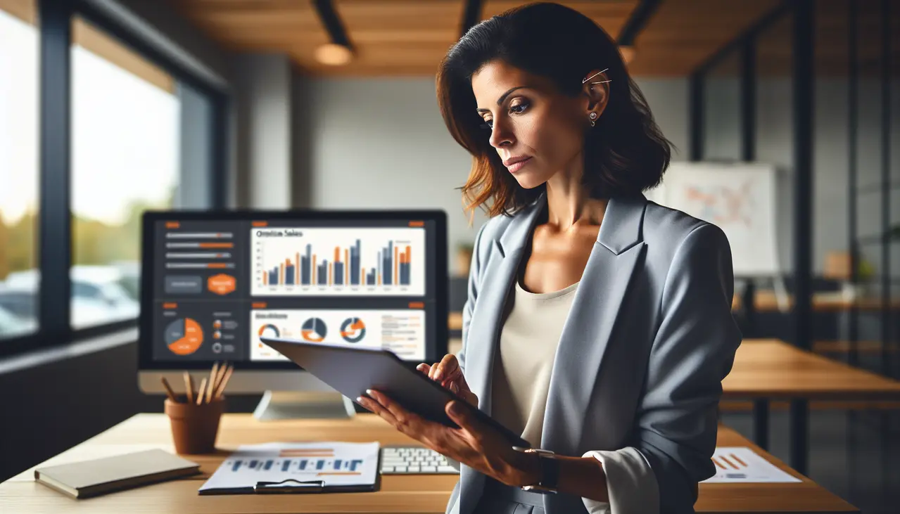 Uma proprietária de pequena empresa, sorrindo e focada, analisa gráficos e dados de clientes em um tablet, representando a aplicação eficiente de lead scoring em pequenas empresas para otimização de vendas.