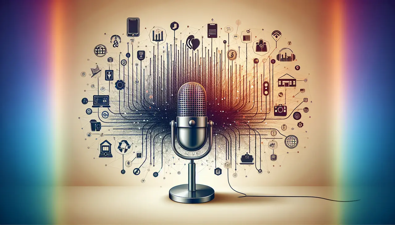 Uma ilustração digital conceitual mostra um microfone moderno emitindo ondas sonoras que se conectam a ícones de pequenas empresas, simbolizando o poder do podcast marketing para pequenas empresas em alcançar e engajar seu público.