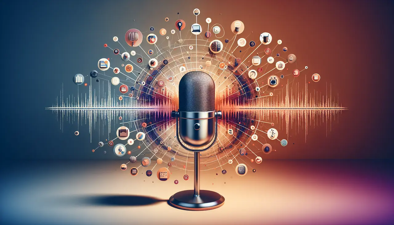 Uma ilustração digital conceitual mostra um microfone moderno emitindo ondas sonoras que se conectam a ícones de pequenas empresas, simbolizando o poder do podcast marketing para pequenas empresas em alcançar e engajar seu público.