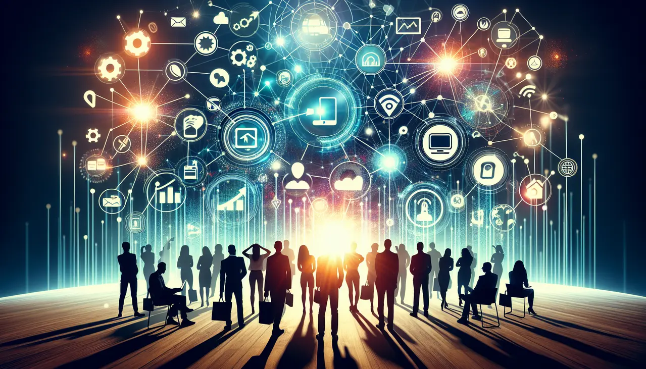 Uma ilustração conceitual vibrante mostra diversos canais de comunicação e vendas interconectados, simbolizando a unificação de estratégias de **omnichannel marketing para pequenas empresas** e o crescimento dos negócios.