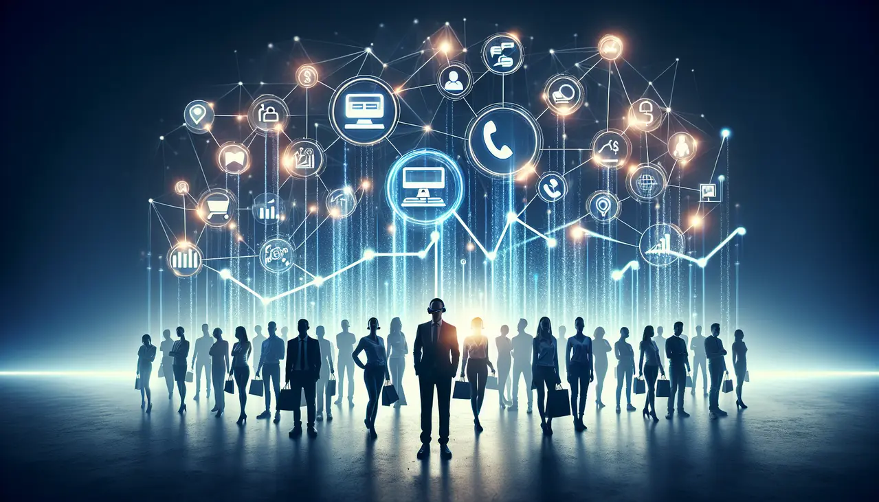 Uma ilustração conceitual vibrante mostra diversos canais de comunicação e vendas interconectados, simbolizando a unificação de estratégias de **omnichannel marketing para pequenas empresas** e o crescimento dos negócios.