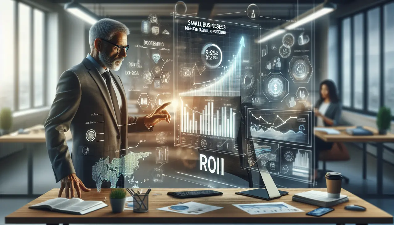 Um empresário observa gráficos e dados de marketing digital em uma tela holográfica, simbolizando a importância de como medir ROI marketing digital pequenas empresas para o crescimento.