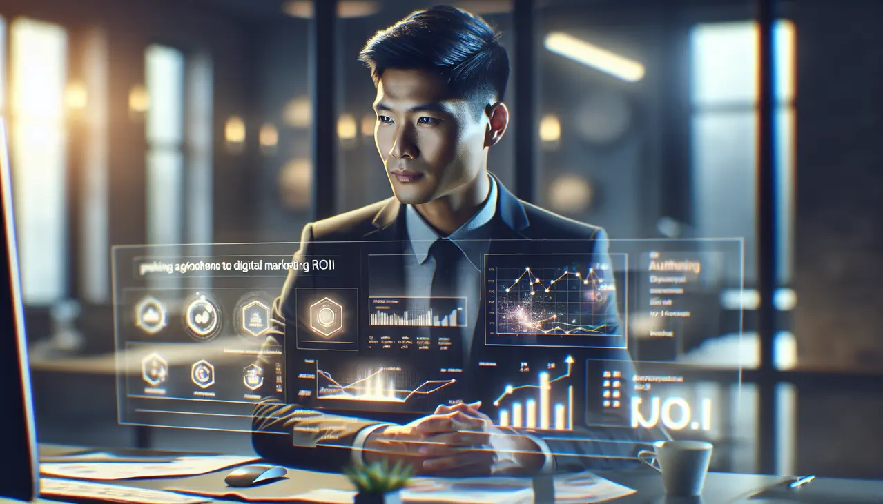 Um empresário observa gráficos e dados de marketing digital em uma tela holográfica, simbolizando a importância de como medir ROI marketing digital pequenas empresas para o crescimento.