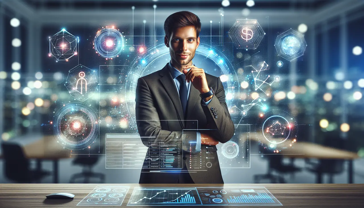 Um empreendedor de pequeno negócio otimiza processos de vendas e marketing através da automação, visualizando dados em um painel digital que simboliza a eficiência da automação de marketing para pequenos negócios.