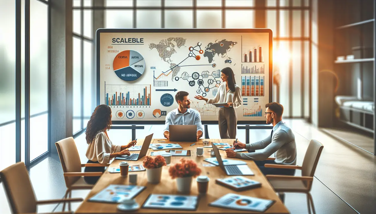 Uma equipe de profissionais de pequenas empresas colabora em um plano de marketing digital escalável, analisando dados em um tablet para impulsionar o crescimento.