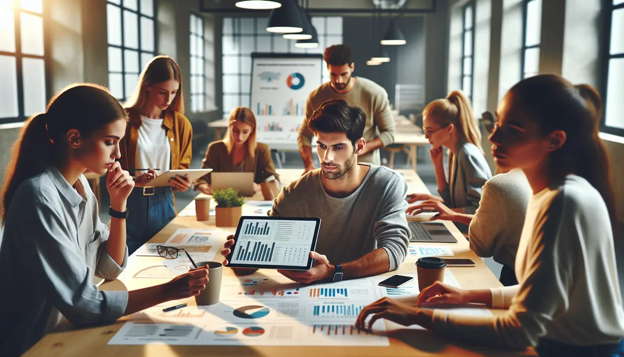 Uma equipe de profissionais de pequenas empresas colabora em um plano de marketing digital escalável, analisando dados em um tablet para impulsionar o crescimento.