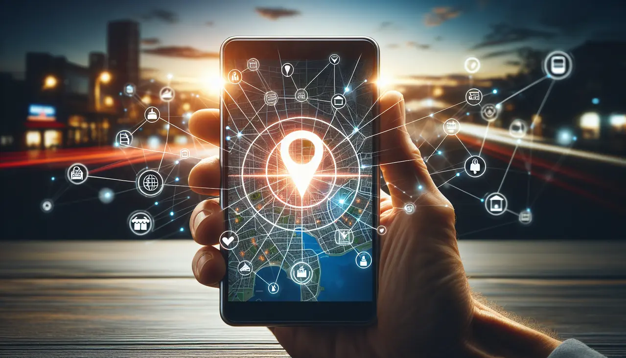 Smartphone exibindo um mapa com um alfinete de localização, simbolizando o alcance do SEO local para pequenos negócios e conectando clientes a estabelecimentos próximos.