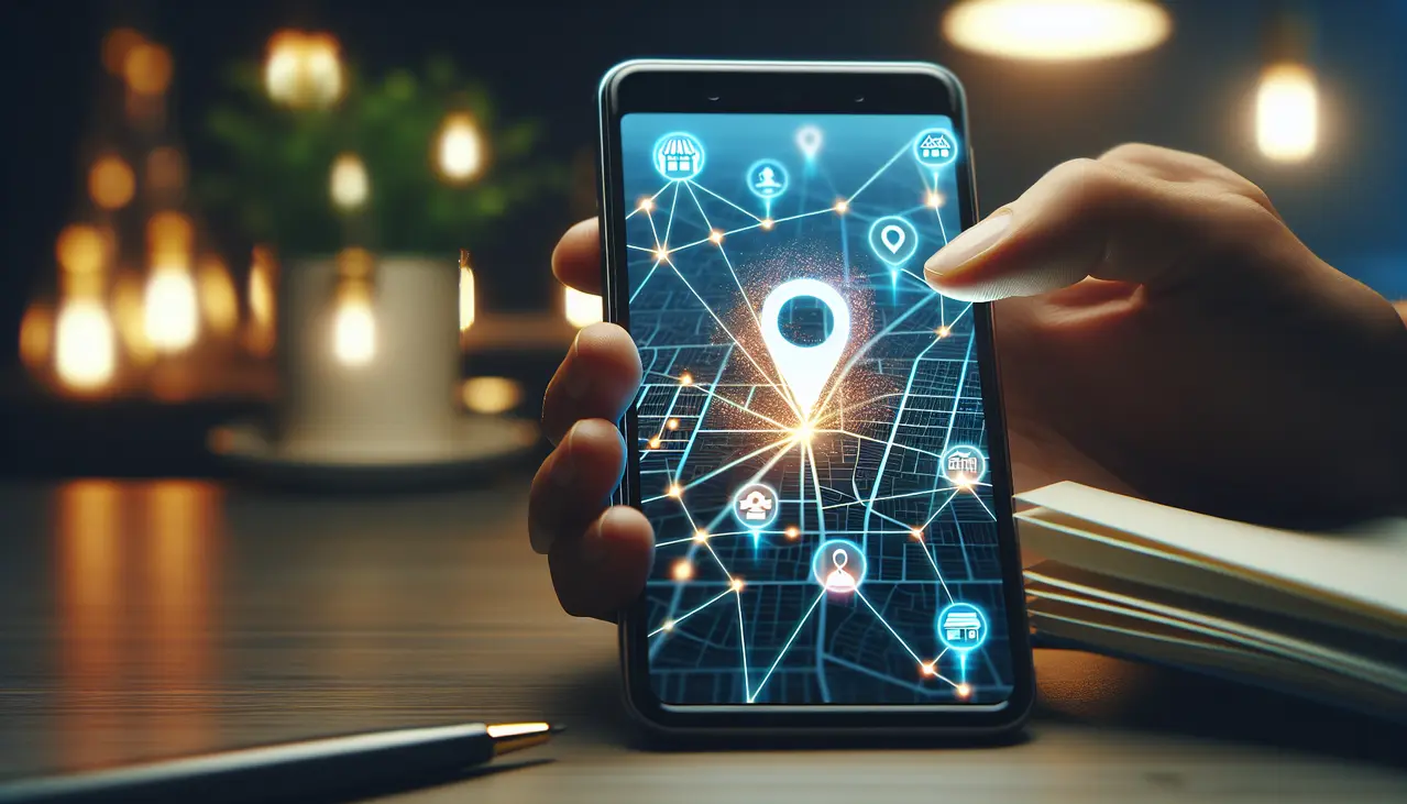 Smartphone exibindo um mapa com um alfinete de localização, simbolizando o alcance do SEO local para pequenos negócios e conectando clientes a estabelecimentos próximos.