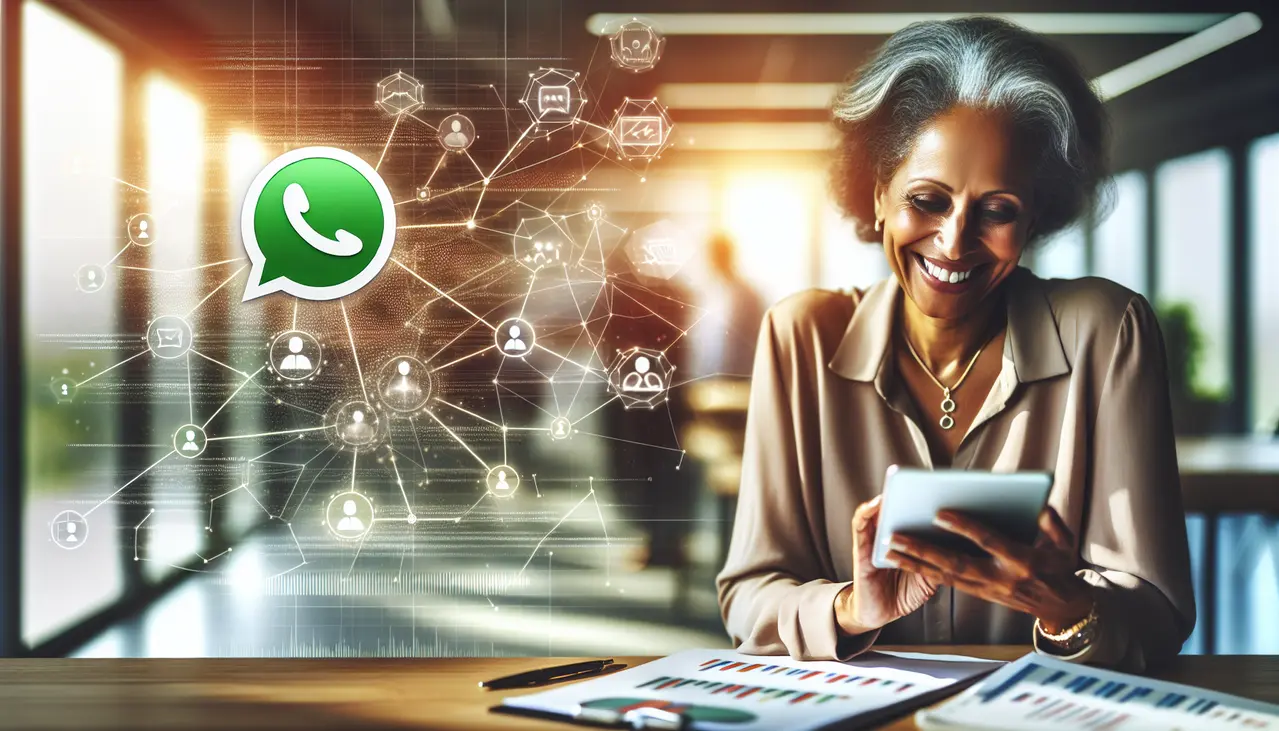 Uma profissional sorridente demonstra o uso de whatsapp marketing estratégico para pequenas empresas em um tablet, com símbolos de automação e vendas ao fundo, ilustrando crescimento e eficiência.