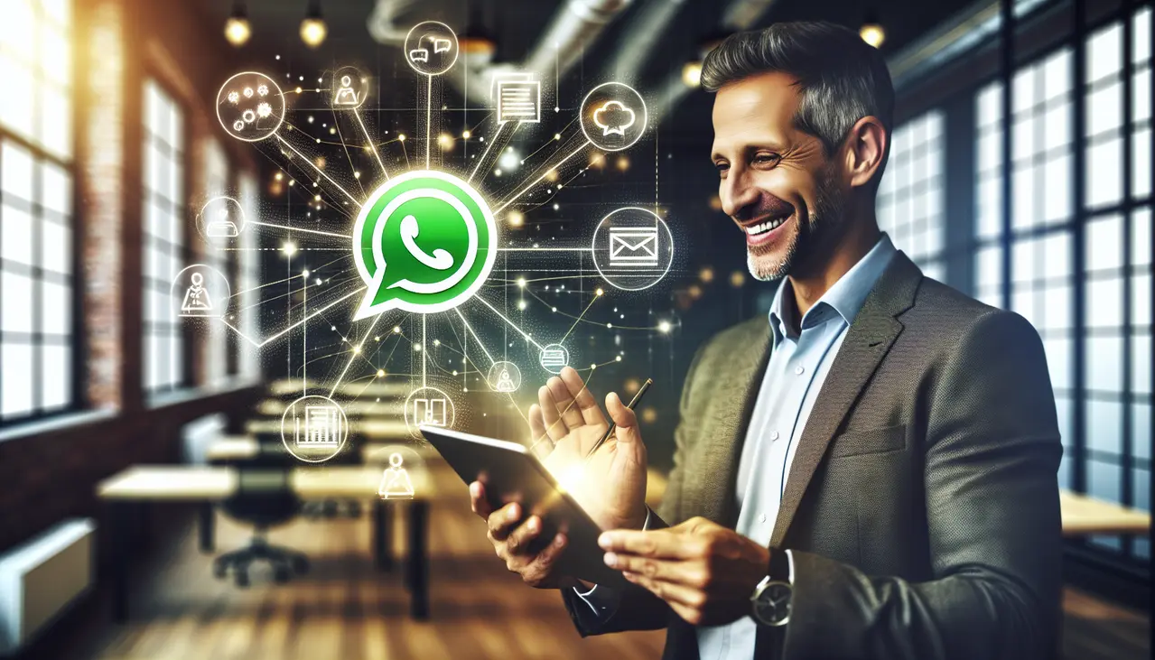 Uma profissional sorridente demonstra o uso de whatsapp marketing estratégico para pequenas empresas em um tablet, com símbolos de automação e vendas ao fundo, ilustrando crescimento e eficiência.