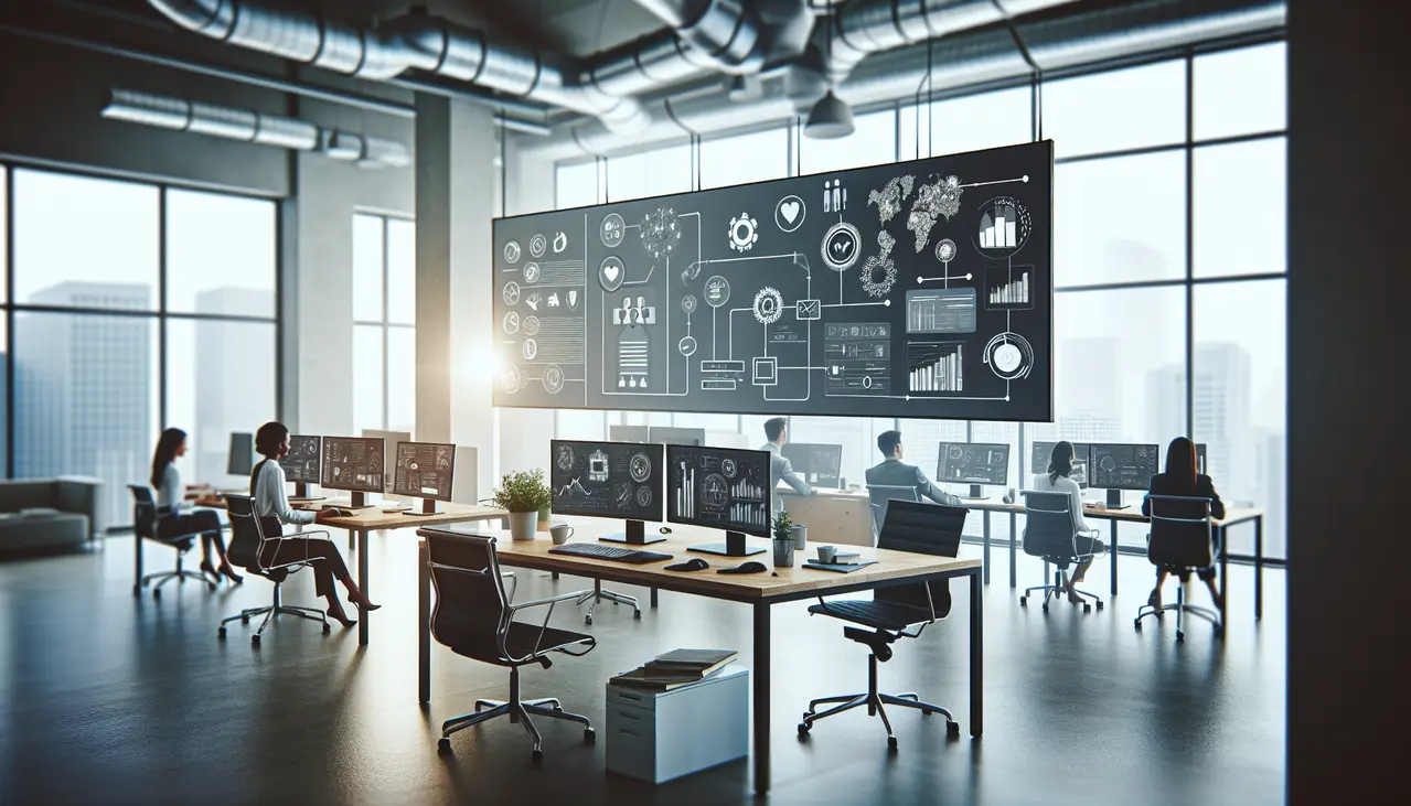 Profissionais em escritório moderno utilizando automação de marketing integrada para pequenas empresas