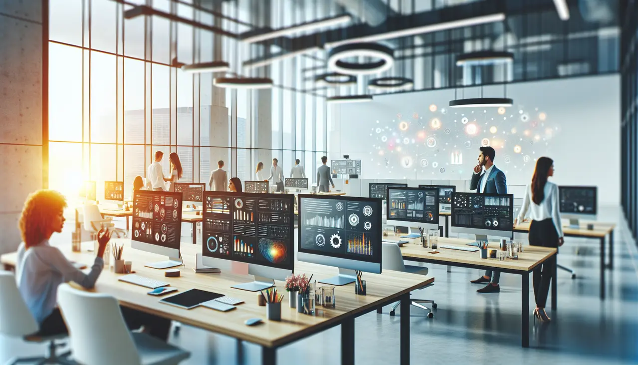 Profissionais em escritório moderno utilizando automação de marketing integrada para pequenas empresas